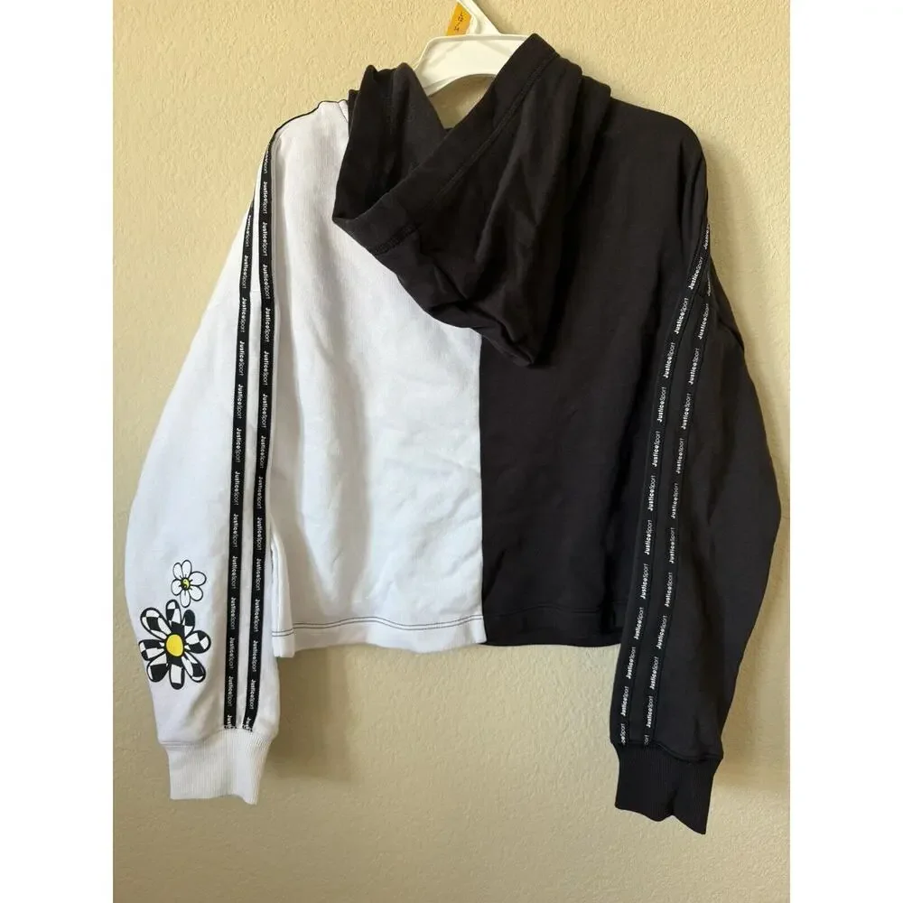 Justice Black White Glitter Logo Daisy Happy Face Pullover Hoodie Size L 12/14